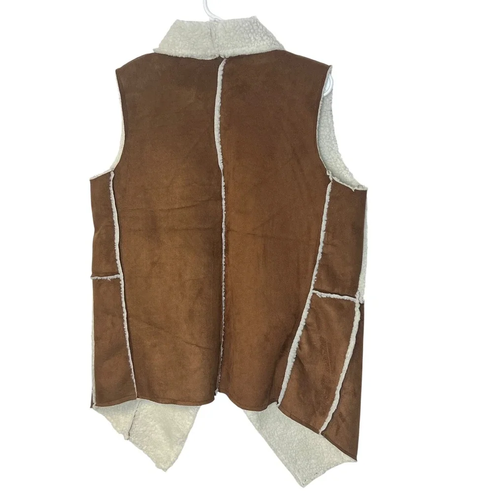 Faux Suede Sherpa Vest Womens Small Brown Sleeveless Drape‎ Open Front